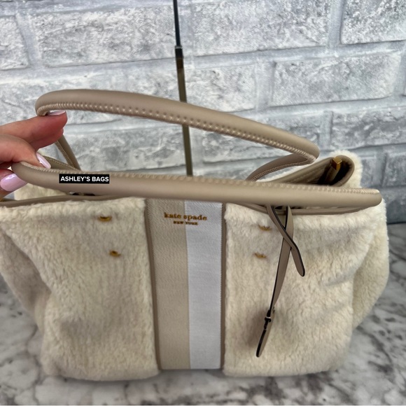 Kate Spade Everything Racing Stripe Faux Shearling Large Tote In Cream Multi - Picture 7 of 16